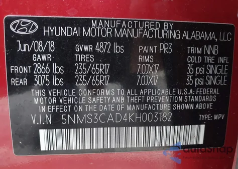 2019 Hyundai Santa Fe Sel from USA, damaged, VIN 5NMS3CAD4KH003182